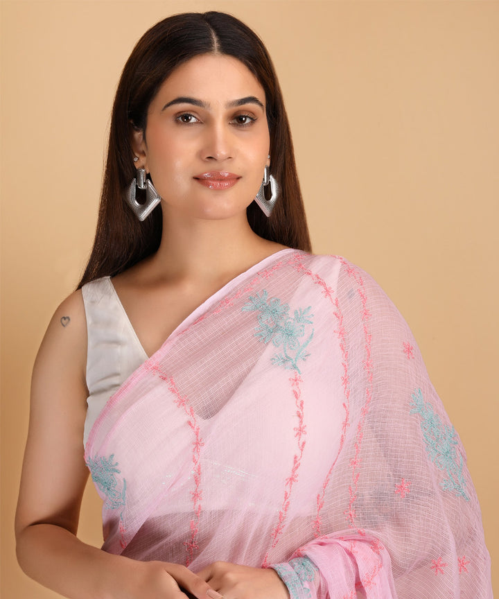 Peach blue cotton silk hand embroidered chikankari saree