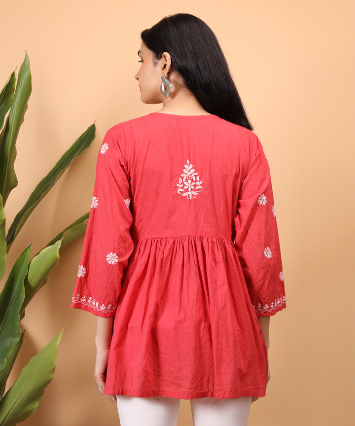 Red hand embroidery cotton chikankari angrakha top