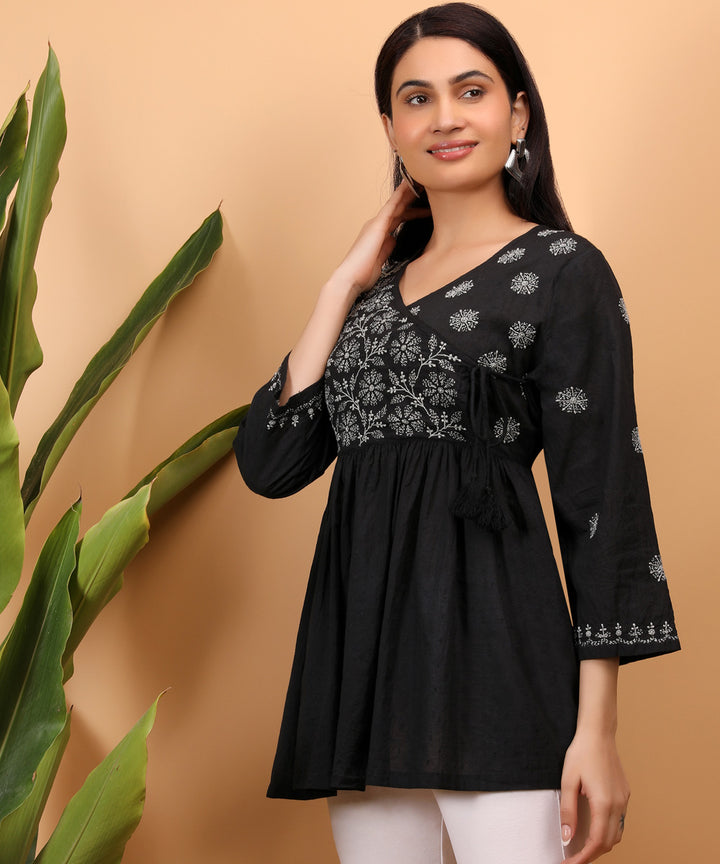 Black hand embroidery cotton chikankari angrakha top