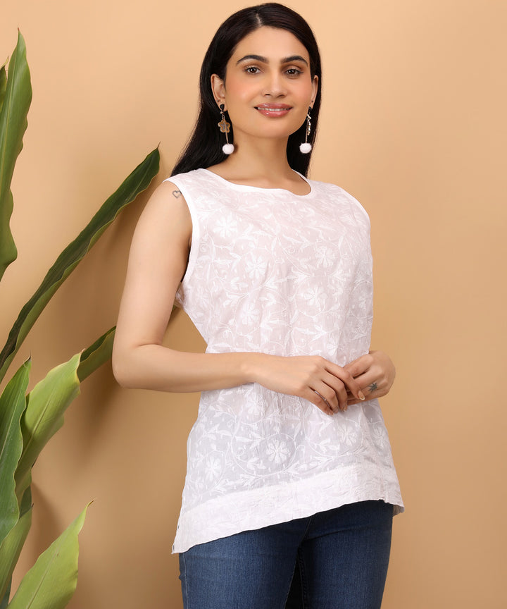 White hand embroidery cotton chikankari sleeveless top