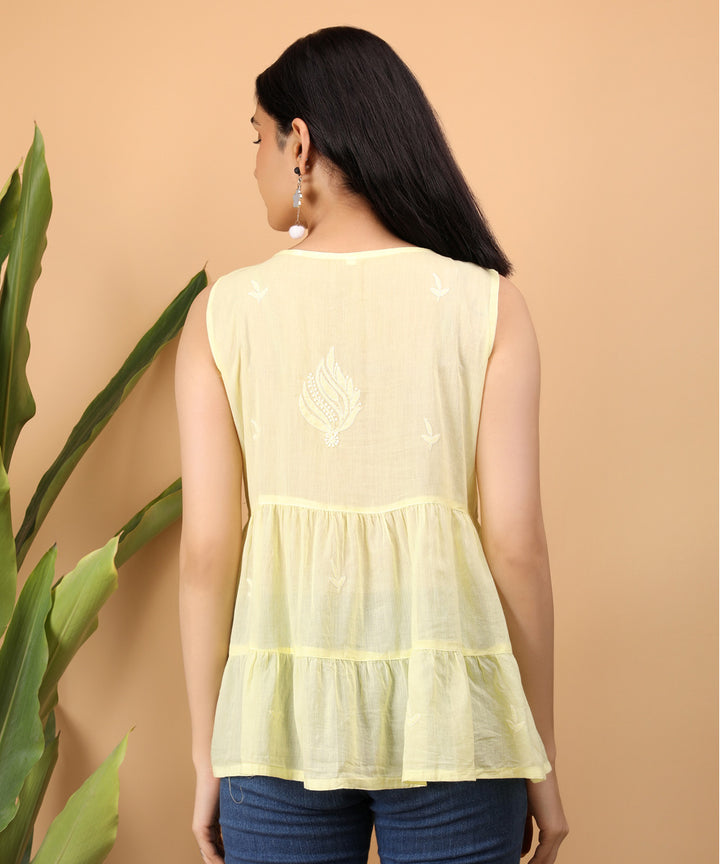 Yellow hand embroidered cotton chikankari tier top
