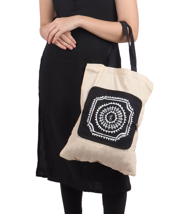 Black white folding warli print cotton hand painted bag