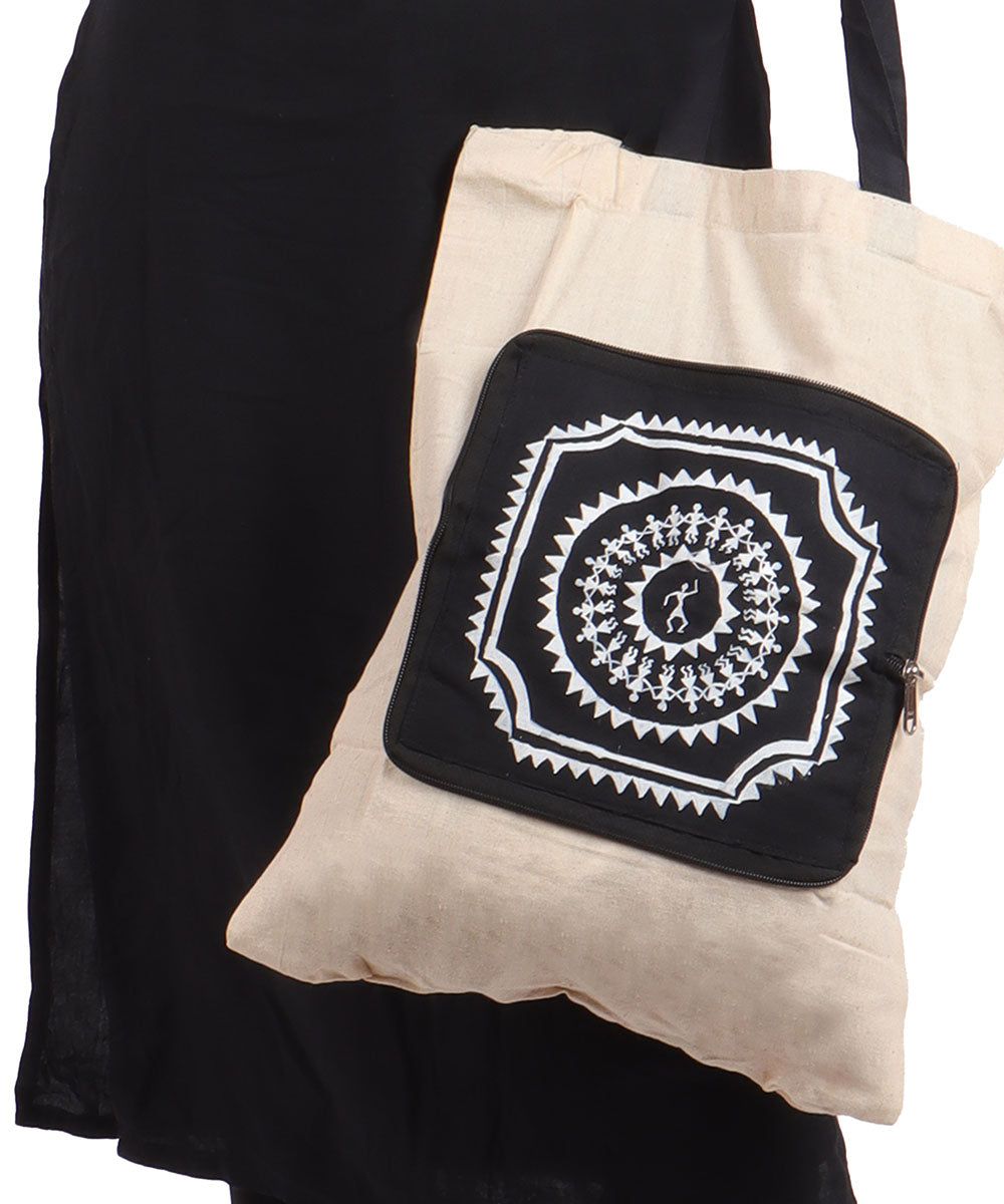 Black white folding warli print cotton hand painted bag