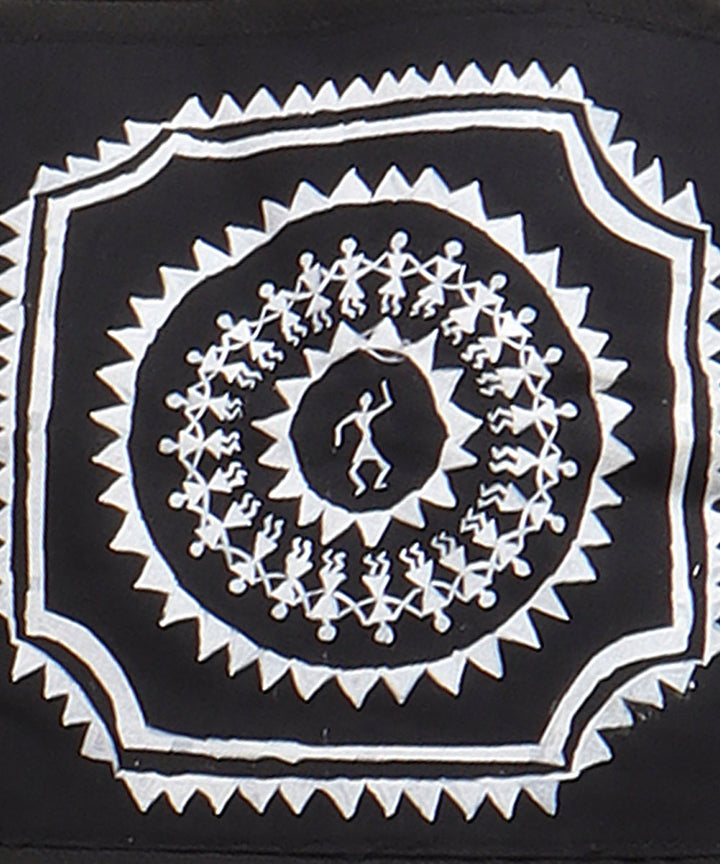 Black white folding warli print cotton hand painted bag