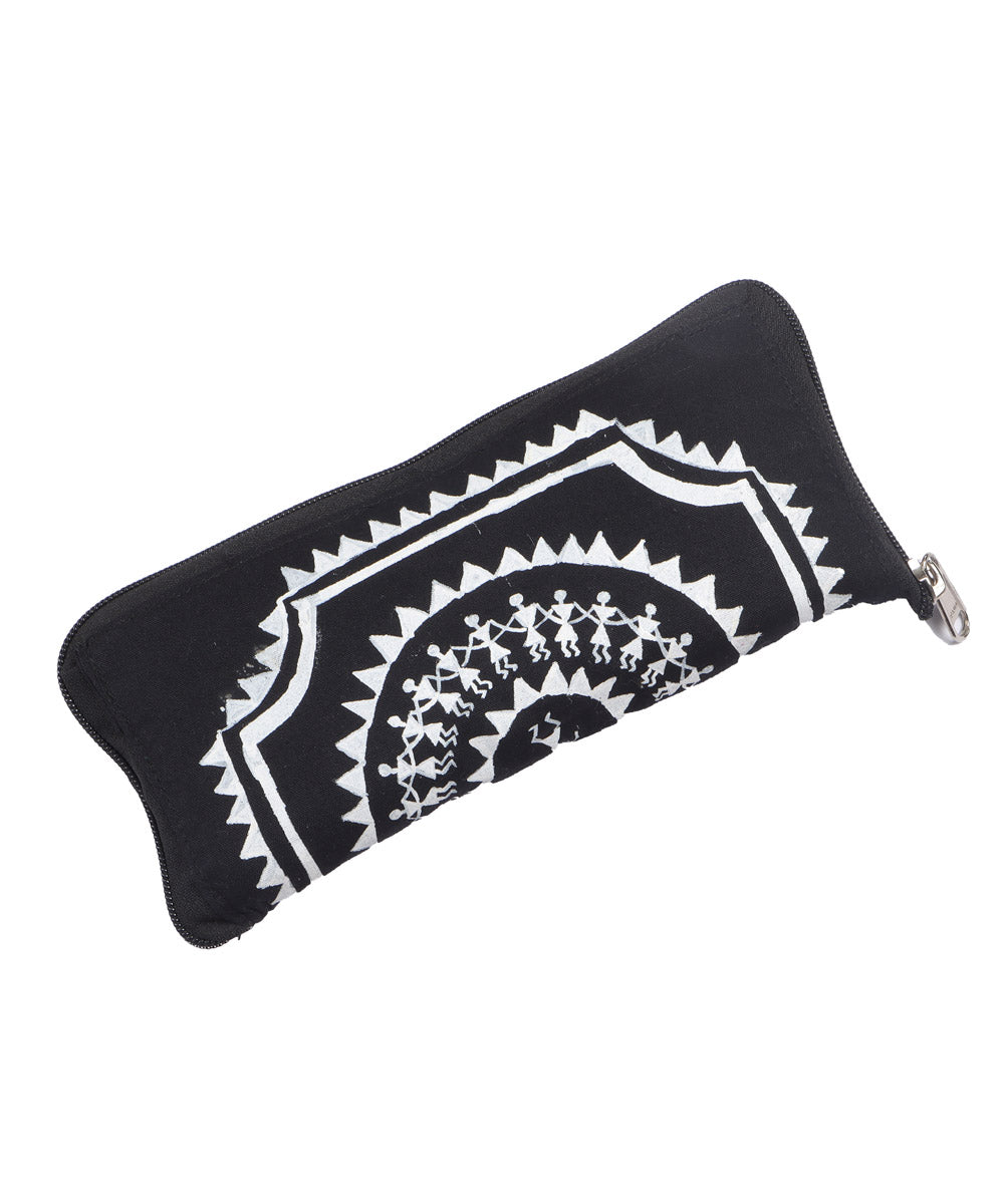 Black white folding warli print cotton hand painted bag