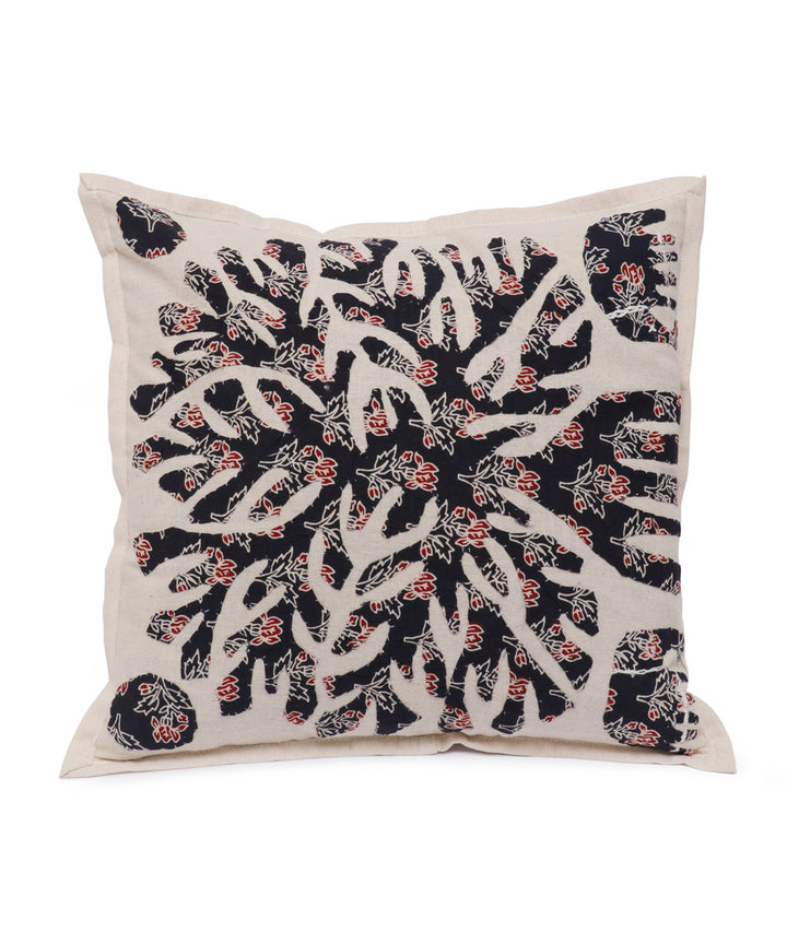 Black white cotton handloom applique work cushion cover