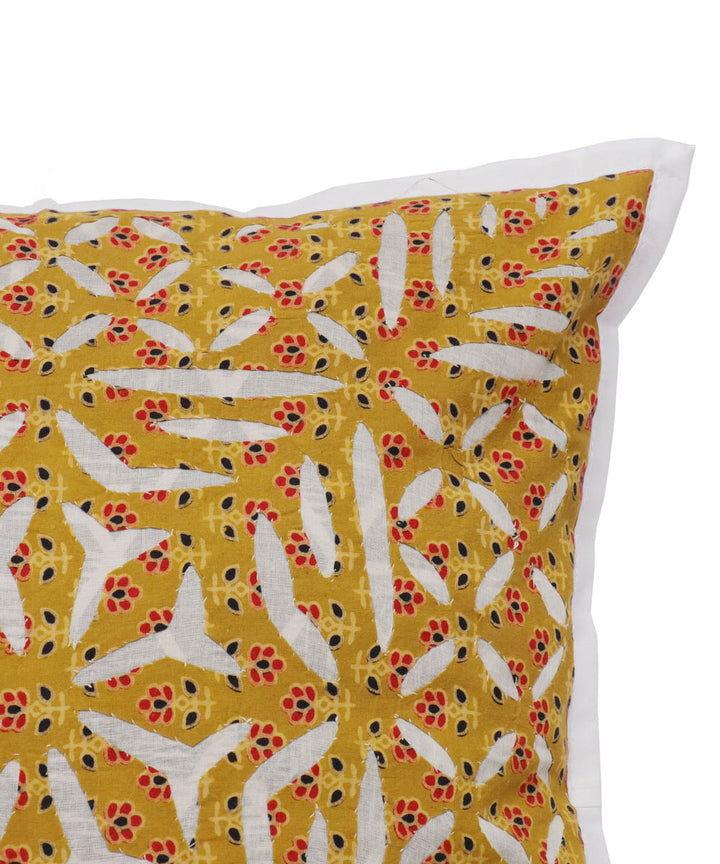 Yellow cotton applique work cushion handloom cover