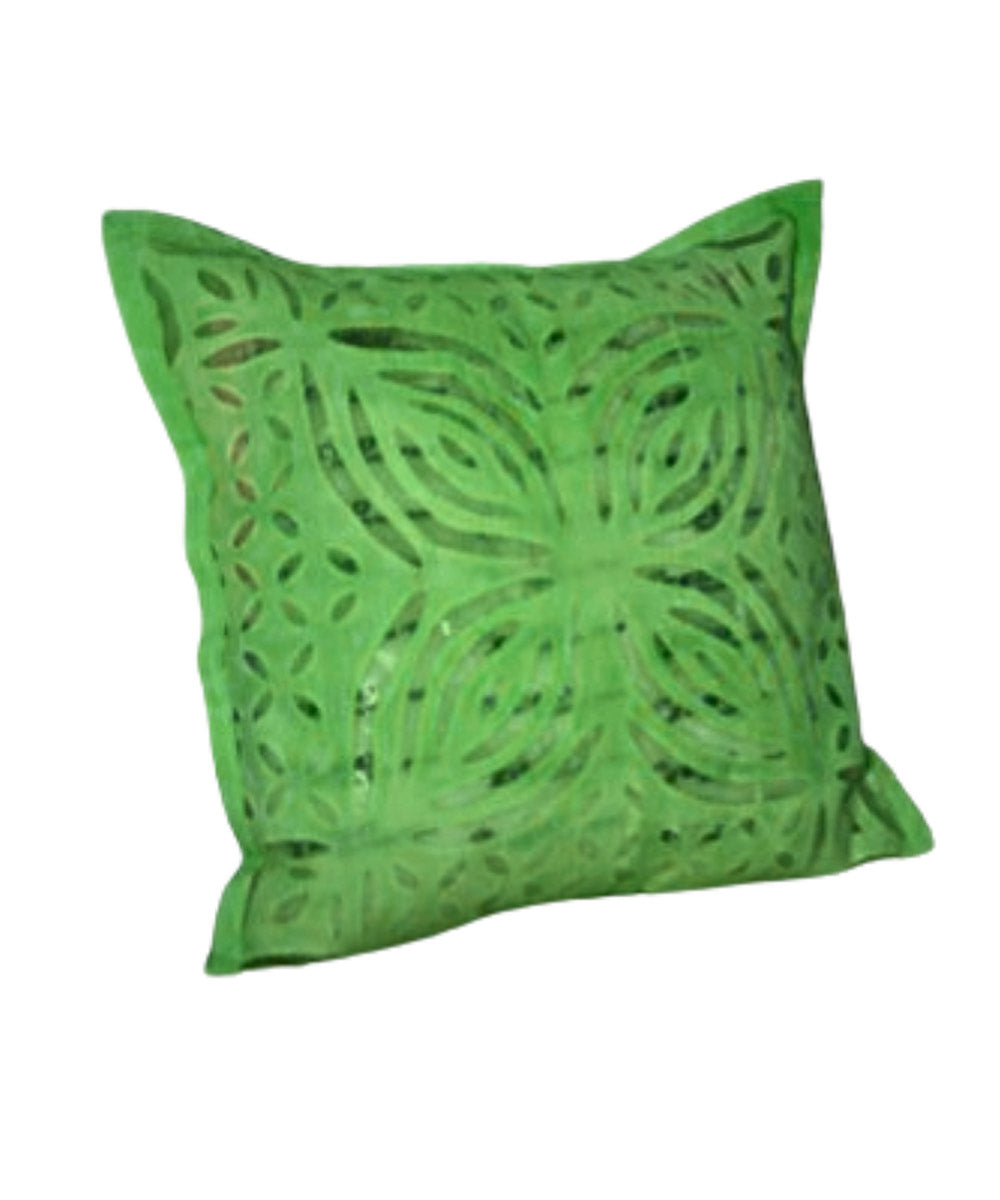 Dark green cotton handloom applique work cushion cover