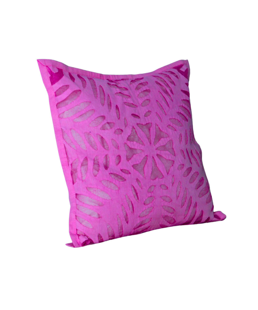 Pink cotton handloom applique work cushion cover