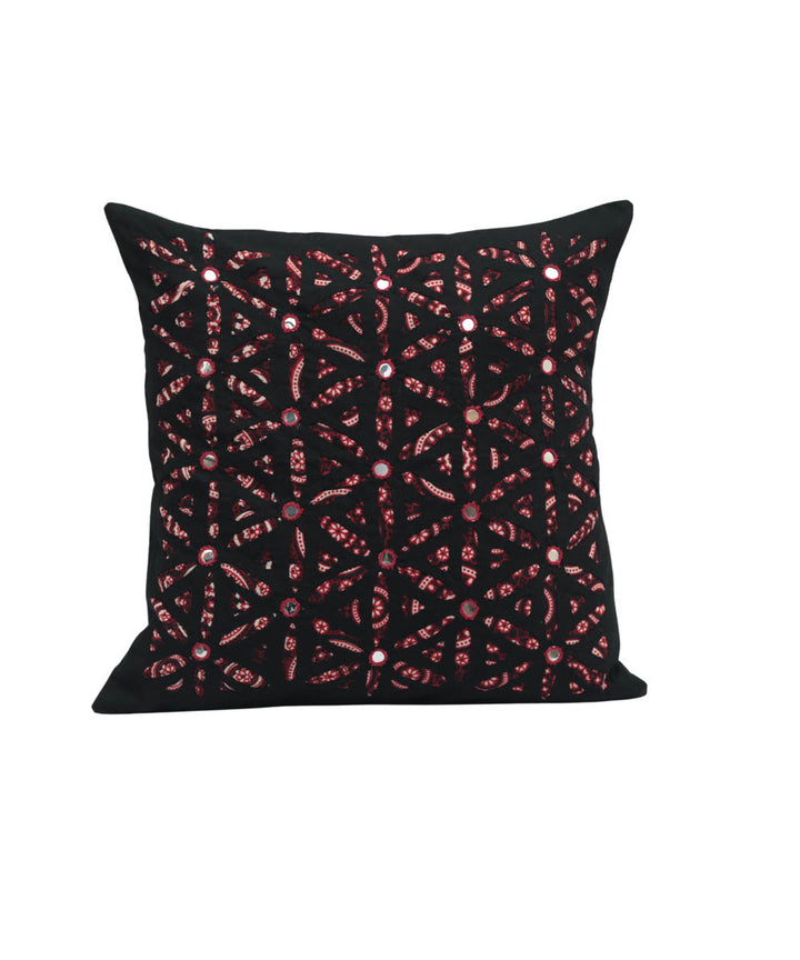 Black cotton handloom mirror work cushion cover