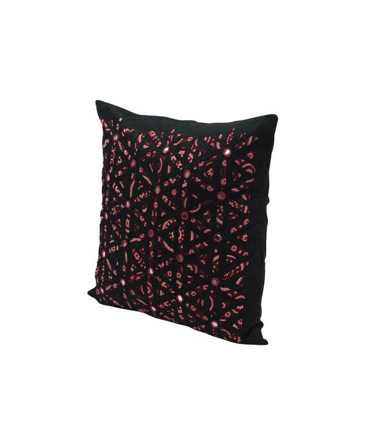 Black cotton handloom mirror work cushion cover