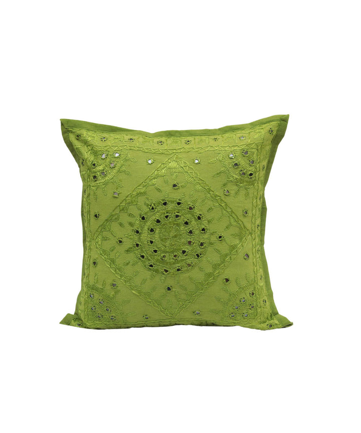 Green cotton handloom mirror work cushion cover