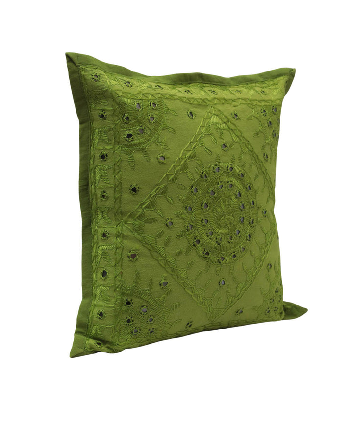 Green cotton handloom mirror work cushion cover