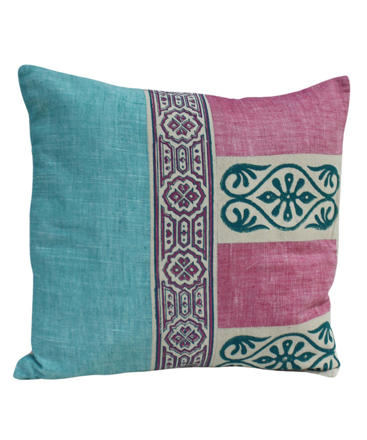 Pink blue cotton handloom block print cushion cover