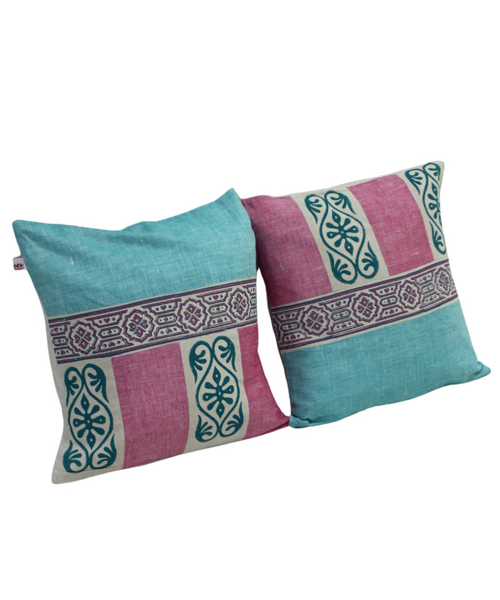 Pink blue cotton handloom block print cushion cover