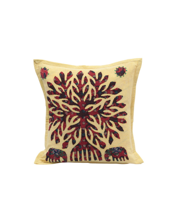 Yellow red cotton handloom applique work cushion cover