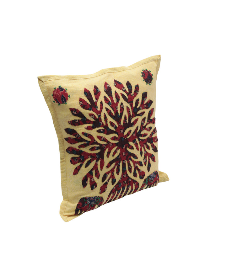 Yellow red cotton handloom applique work cushion cover