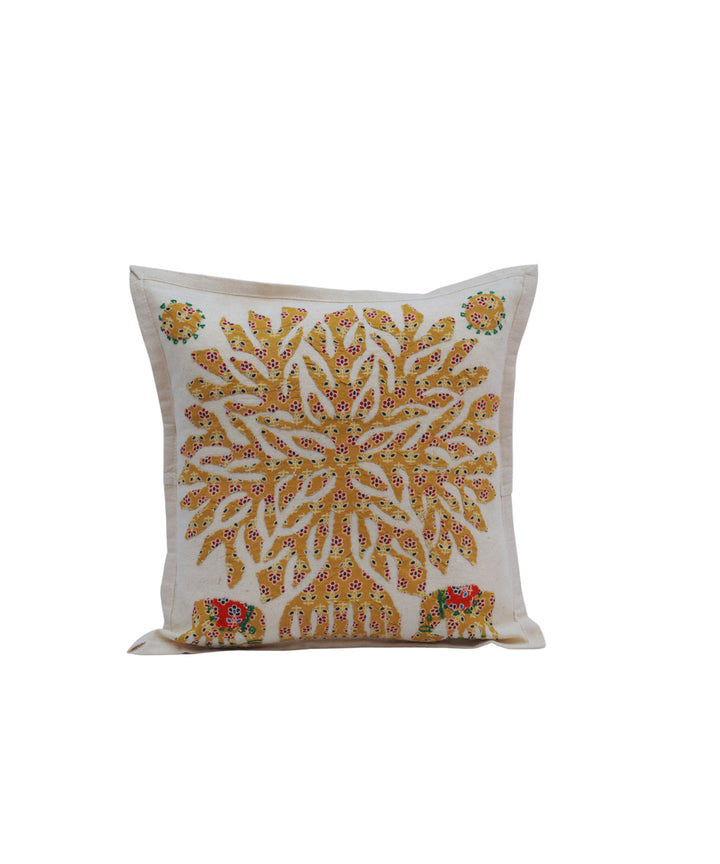 White yellow cotton handloom applique work cushion cover