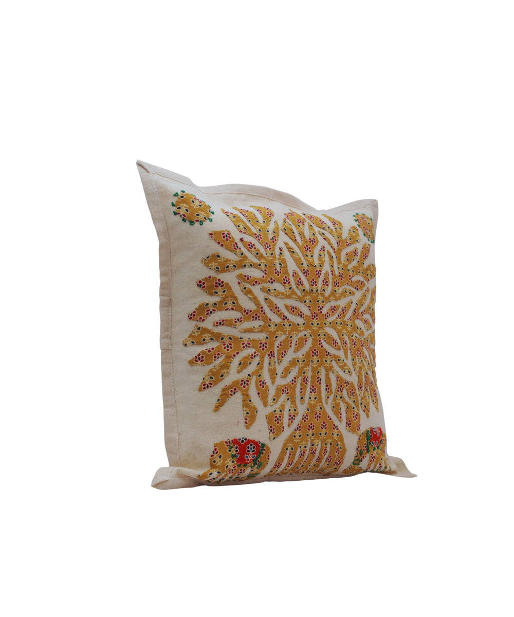 White yellow cotton handloom applique work cushion cover