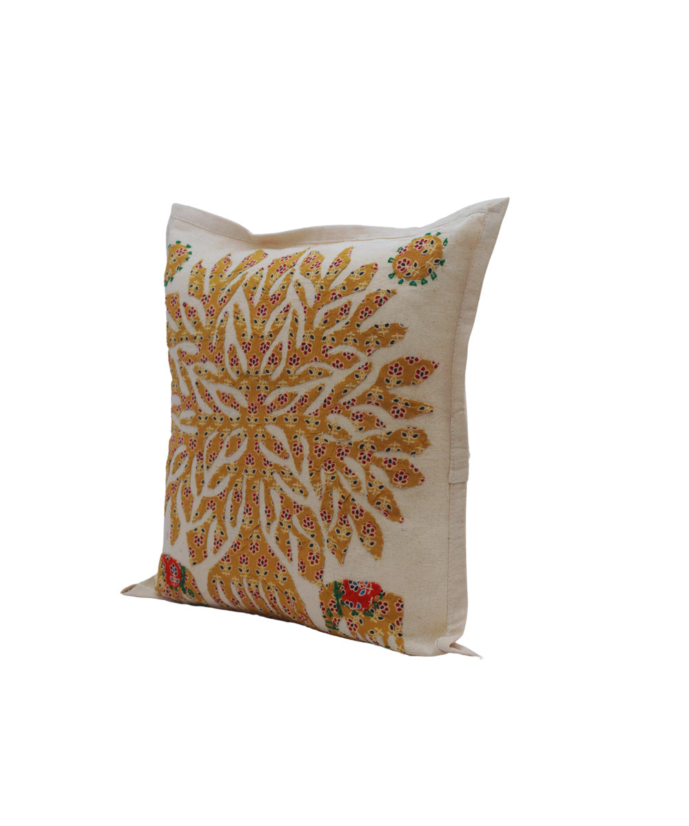 White yellow cotton handloom applique work cushion cover