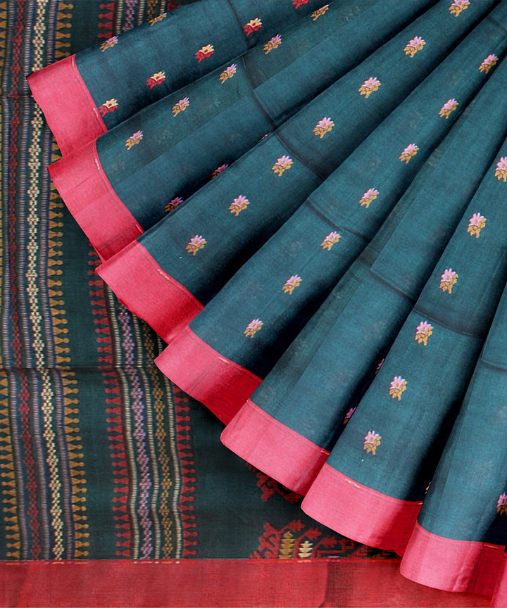 Deep green red bengal cotton handloom saree