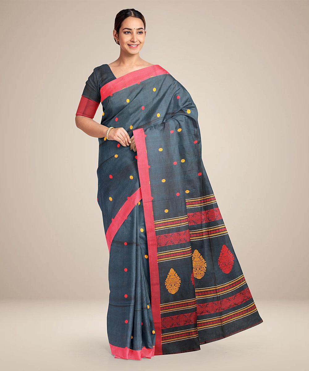 Teal red bengal cotton handloom saree