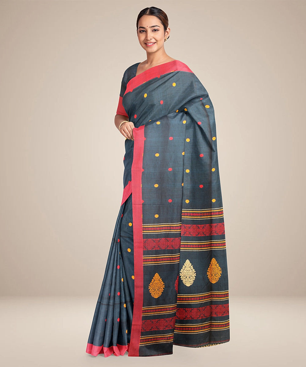 Teal red bengal cotton handloom saree