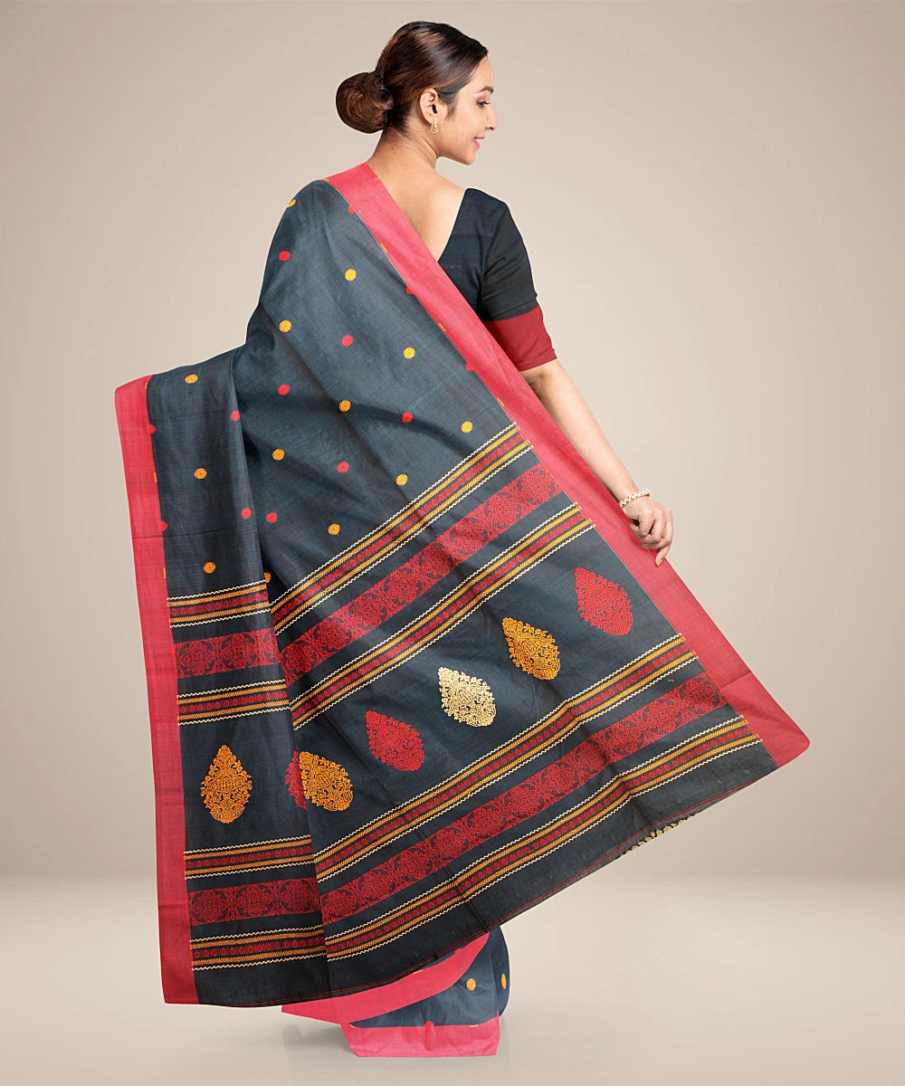 Teal red bengal cotton handloom saree