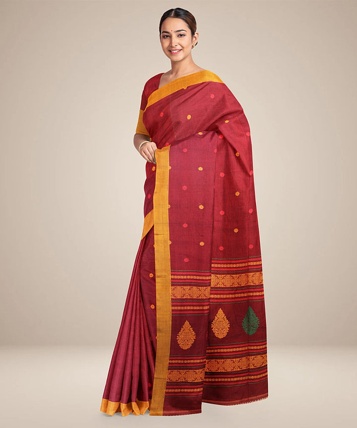 Red yellow bengal handloom cotton saree