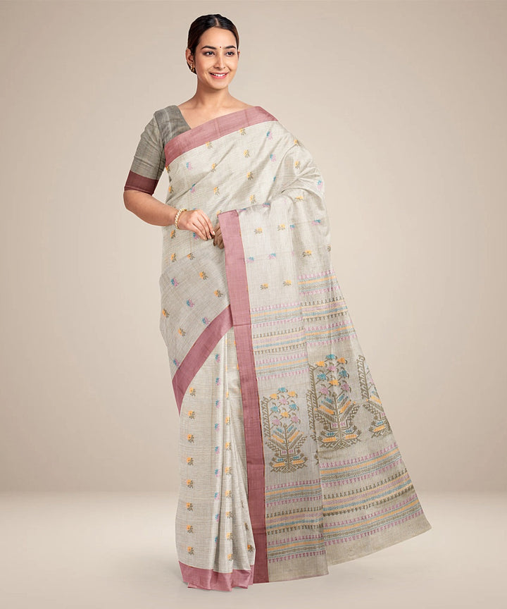 Beige lavander bengal cotton handloom saree