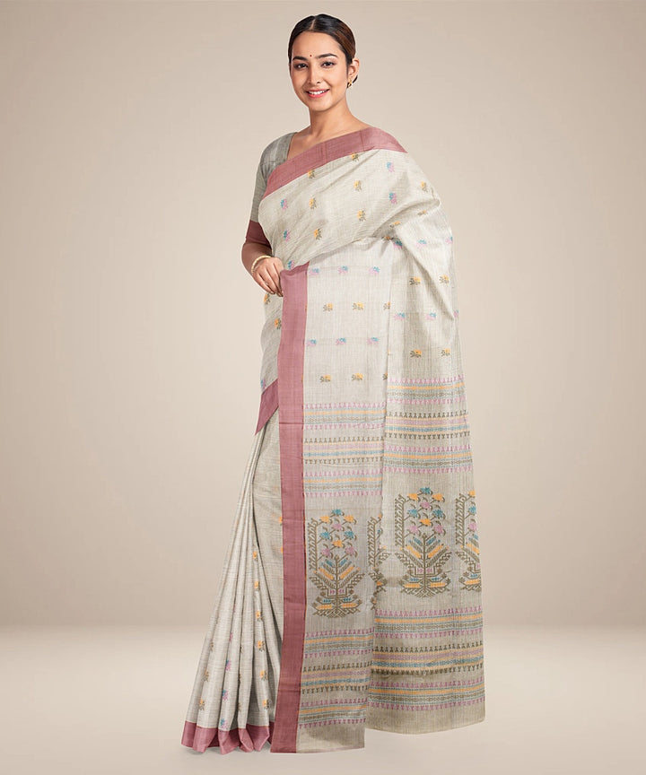 Beige lavander bengal cotton handloom saree