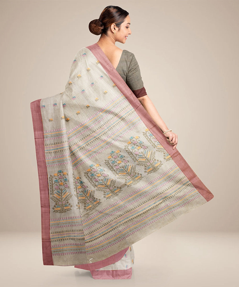 Beige lavander bengal cotton handloom saree