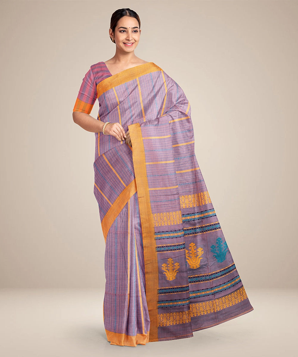 Purple orange bengal cotton handloom saree