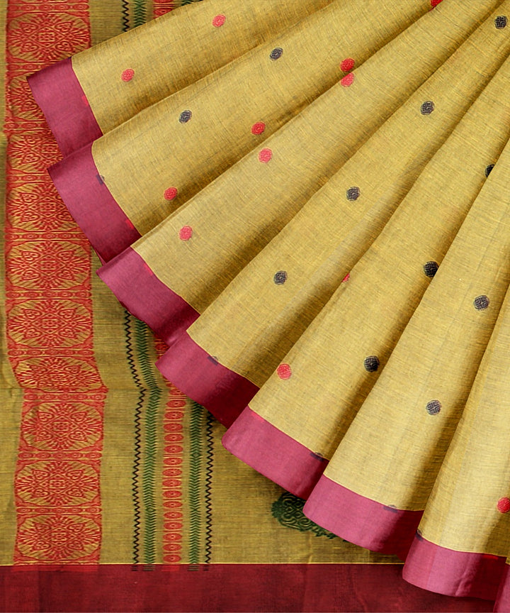 Mustard maroon bengal cotton handloom saree