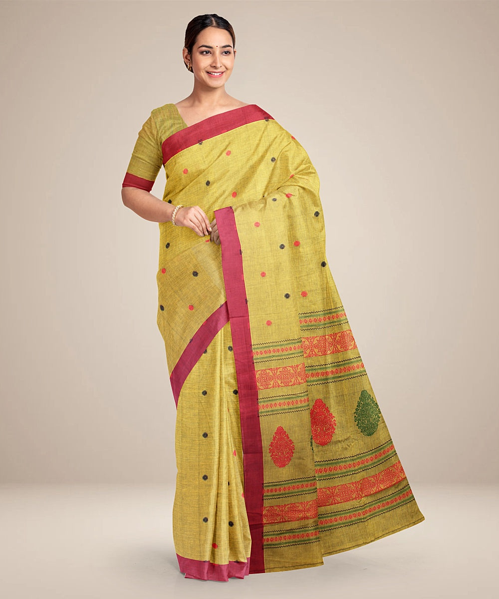 Mustard maroon bengal cotton handloom saree