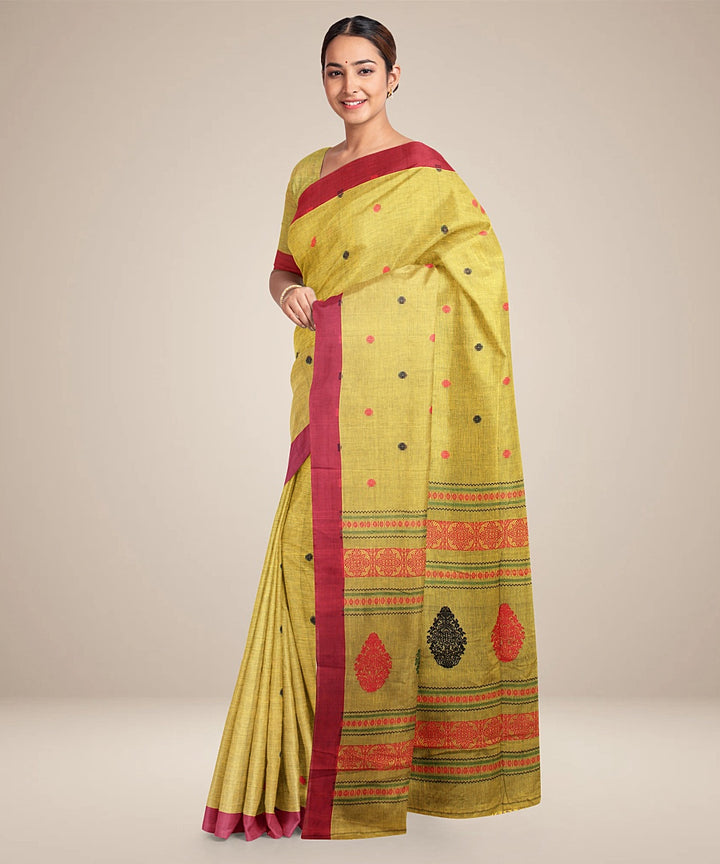 Mustard maroon bengal cotton handloom saree