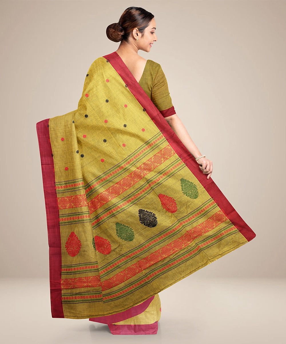 Mustard maroon bengal cotton handloom saree