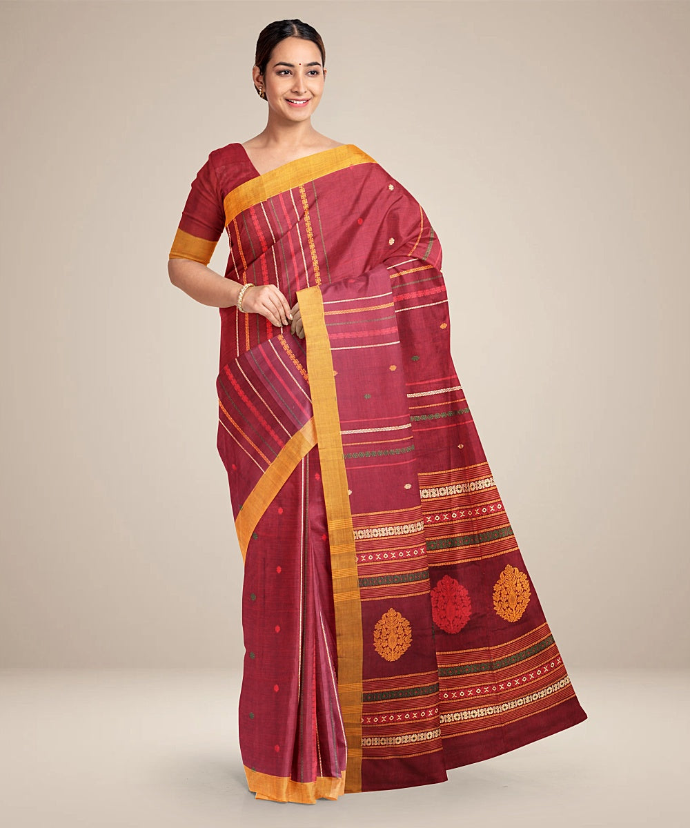 Maroon yellow cotton bengal handloom saree