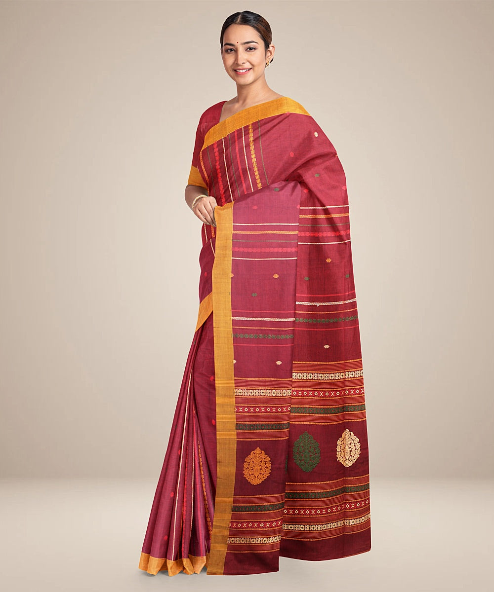 Maroon yellow cotton bengal handloom saree