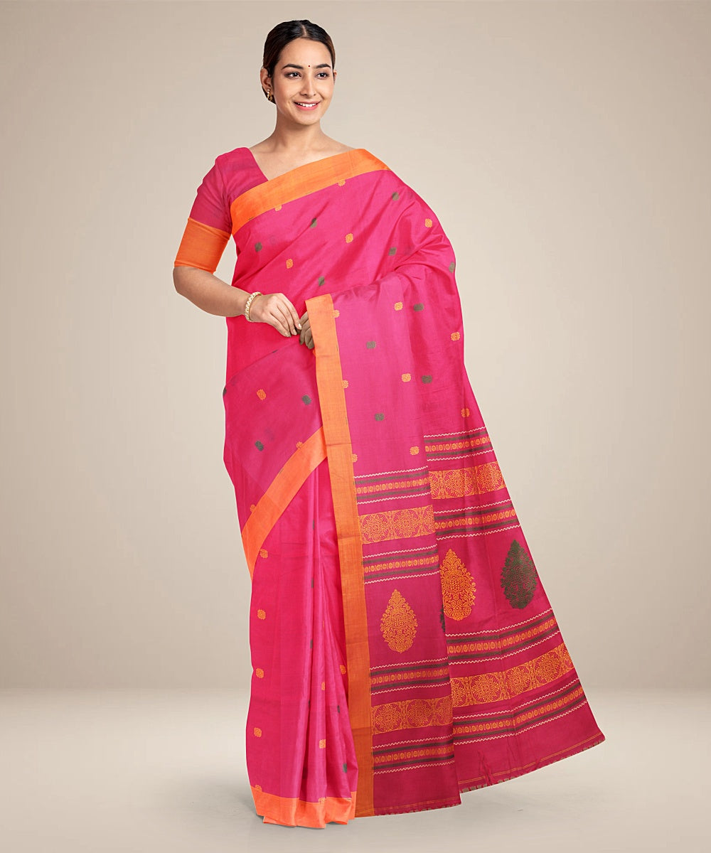 Pink orange bengal cotton handloom saree