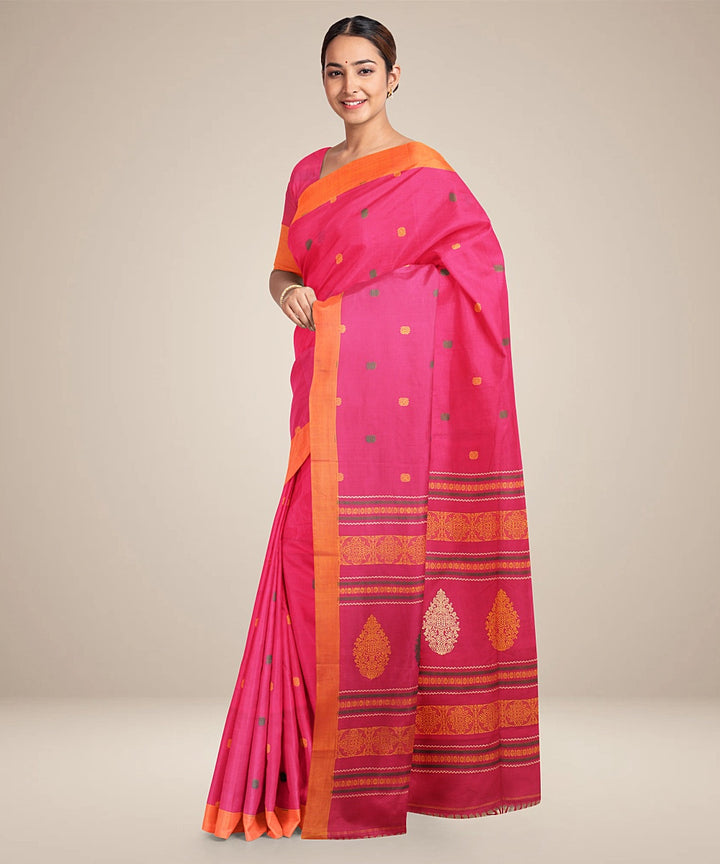 Pink orange bengal cotton handloom saree