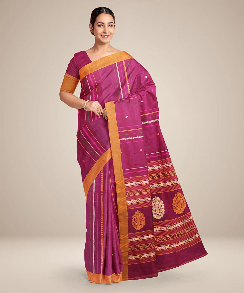 Magenta orange cotton bengal handloom saree