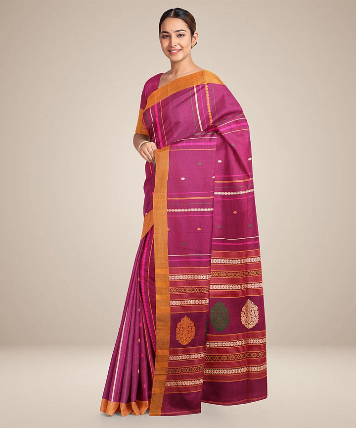 Magenta orange cotton bengal handloom saree