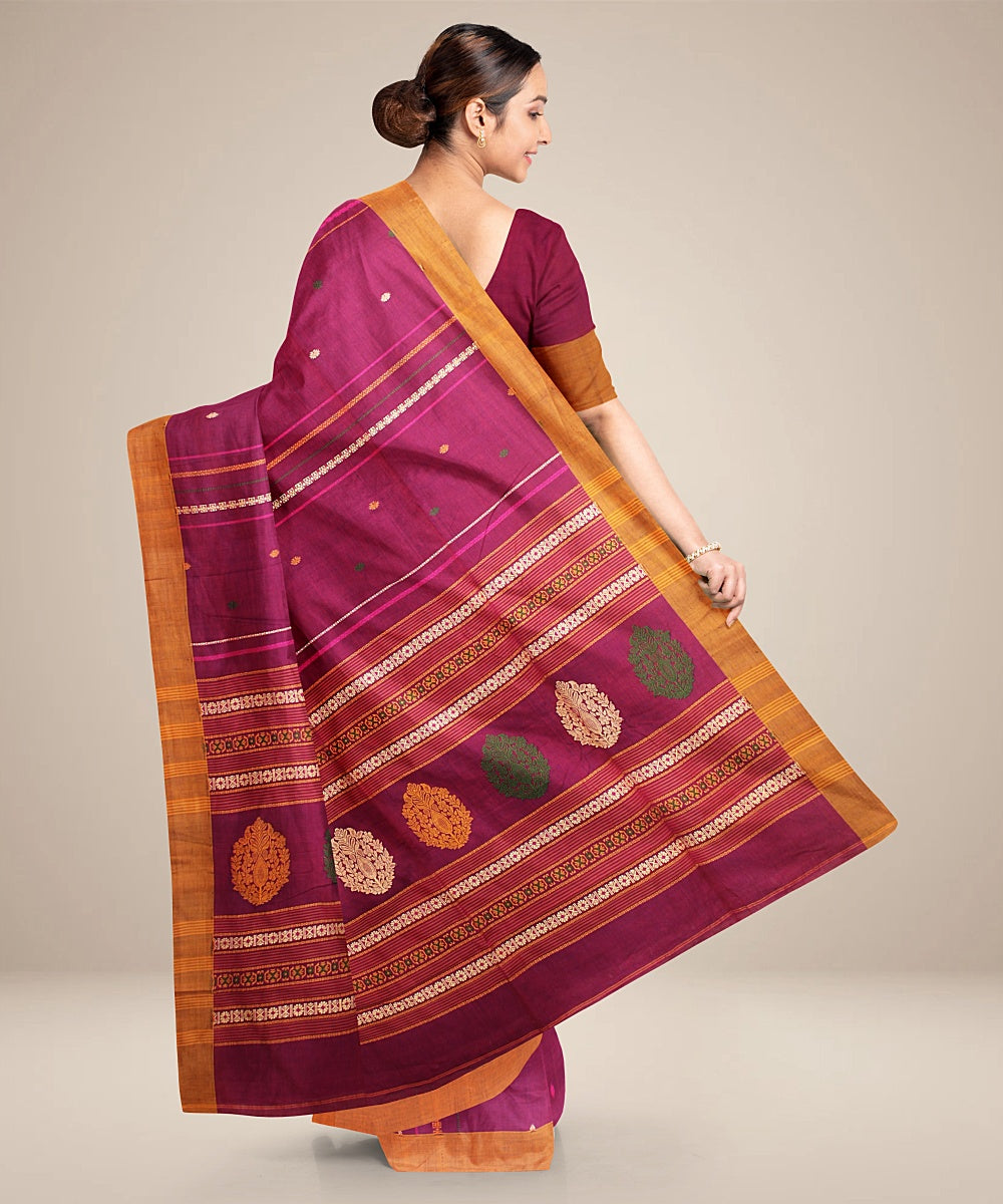 Magenta orange cotton bengal handloom saree