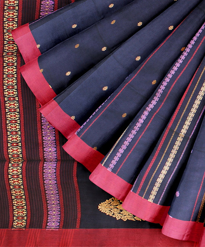 Navy blue maroon bengal cotton handloom saree