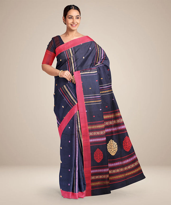 Navy blue maroon bengal cotton handloom saree