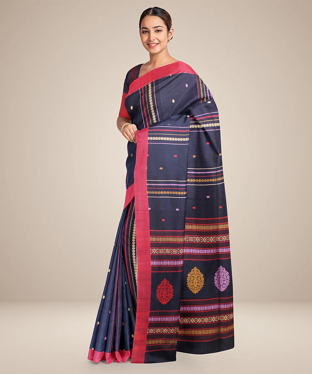 Navy blue maroon bengal cotton handloom saree