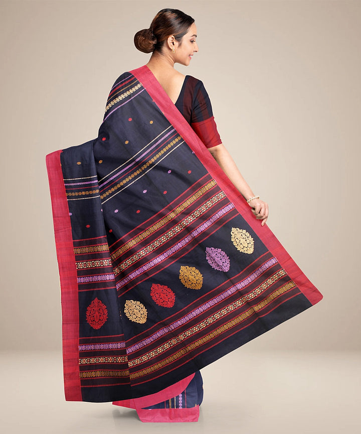 Navy blue maroon bengal cotton handloom saree