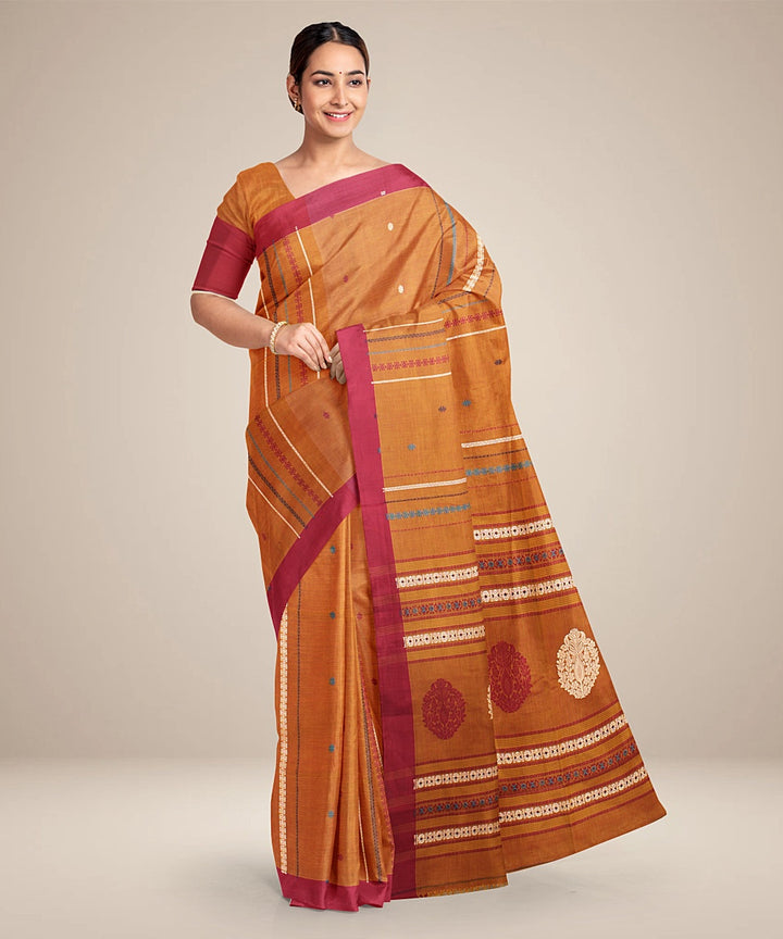 Dark orange maroon bengal cotton handloom saree