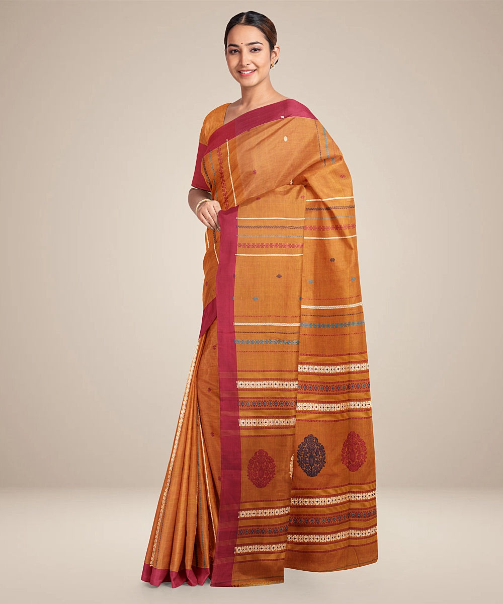 Dark orange maroon bengal cotton handloom saree